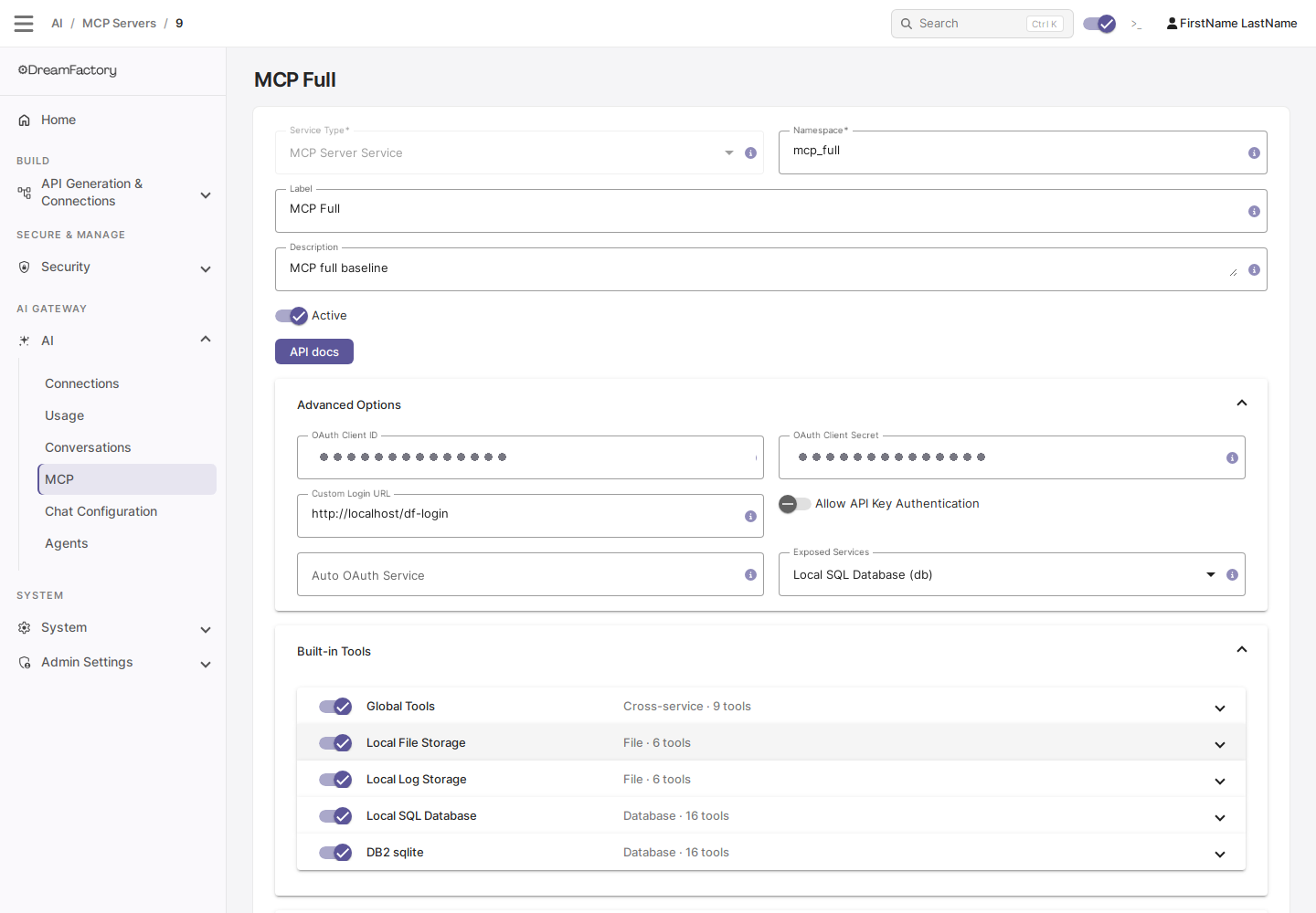 MCP service Advanced Options showing the Allow API Key Authentication toggle next to the Custom Login URL field, with the Exposed Services selection showing Local SQL Database and the top of the Built-in Tools section below