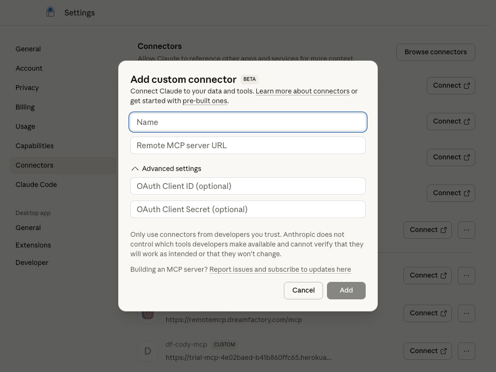Add custom connector dialog with Advanced settings expanded, showing optional OAuth Client ID and OAuth Client Secret fields