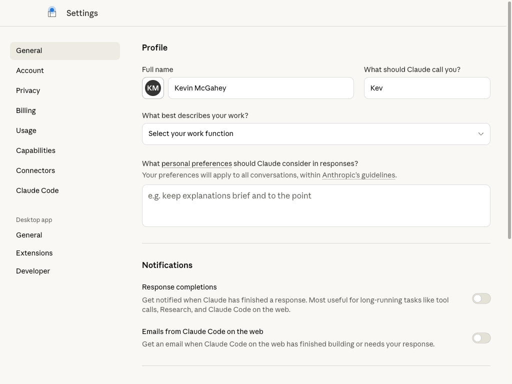 Claude Desktop Settings page showing the sidebar with General, Account, Privacy, Billing, Usage, Capabilities, Connectors, and Claude Code options