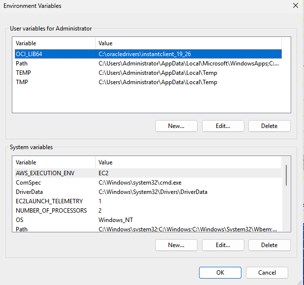 Windows Environment Variables dialog showing new OCI_LIB64 system variable being created