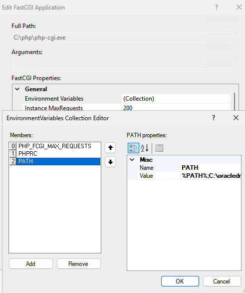 IIS FastCGI Settings dialog showing PATH environment variable collection for Oracle driver configuration