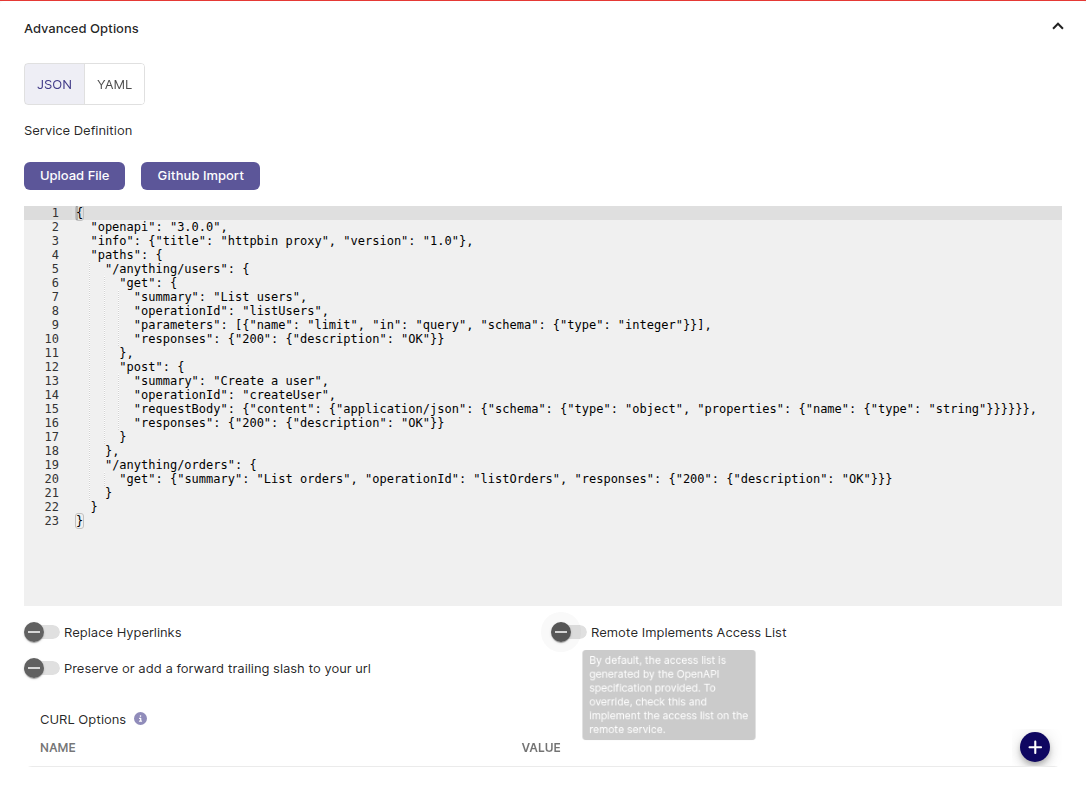 Service definition editor with an OpenAPI document