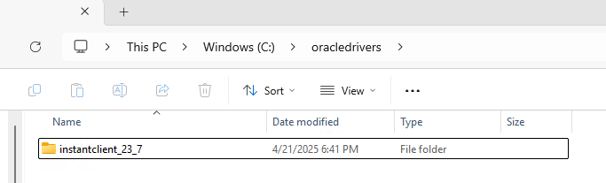 Oracle Instant Client driver folder showing extracted Basic and SDK package files