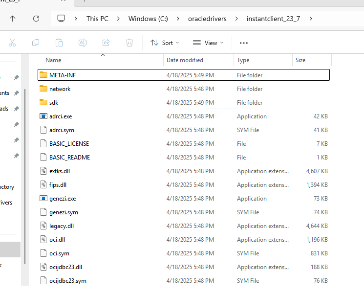 Oracle Instant Client subdirectory showing SDK folder and shared library files