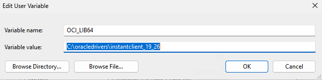 OCI_LIB64 environment variable configured with full path to Oracle Instant Client directory