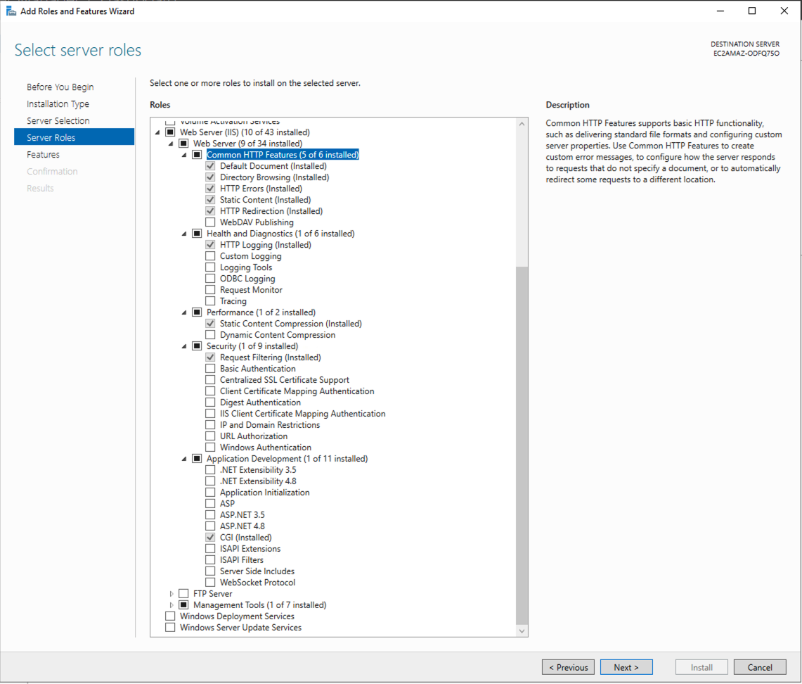 Windows Server Manager showing IIS Web Server role selection dialog